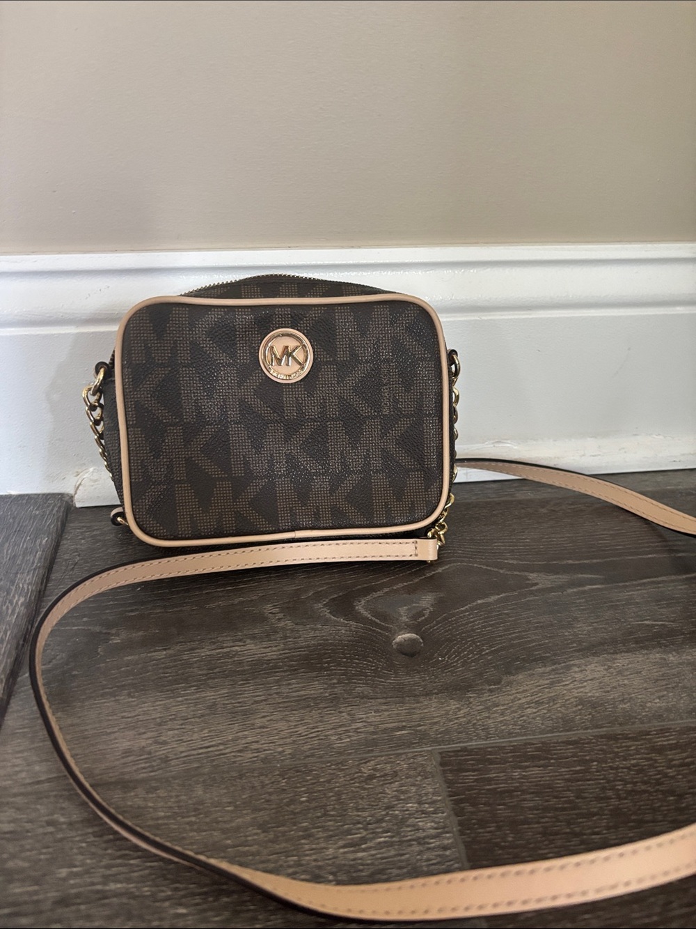 Michael Kors Brown Logo Crossbody with Nude Trim